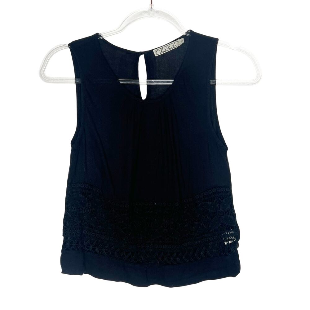 CHLOE K Sleeveless Blouse Tank Top Lace Crochet Trim Scoop Neck Black Size Small